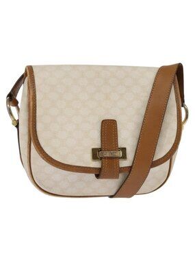 Authentic CELINE Macadam Canvas Shoulder Bag PVC Leather White Gold